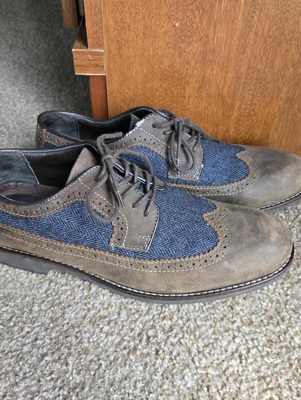 G.H. Bass & Co. Brown Suede and Blue Herringbone Wingtip Oxfords